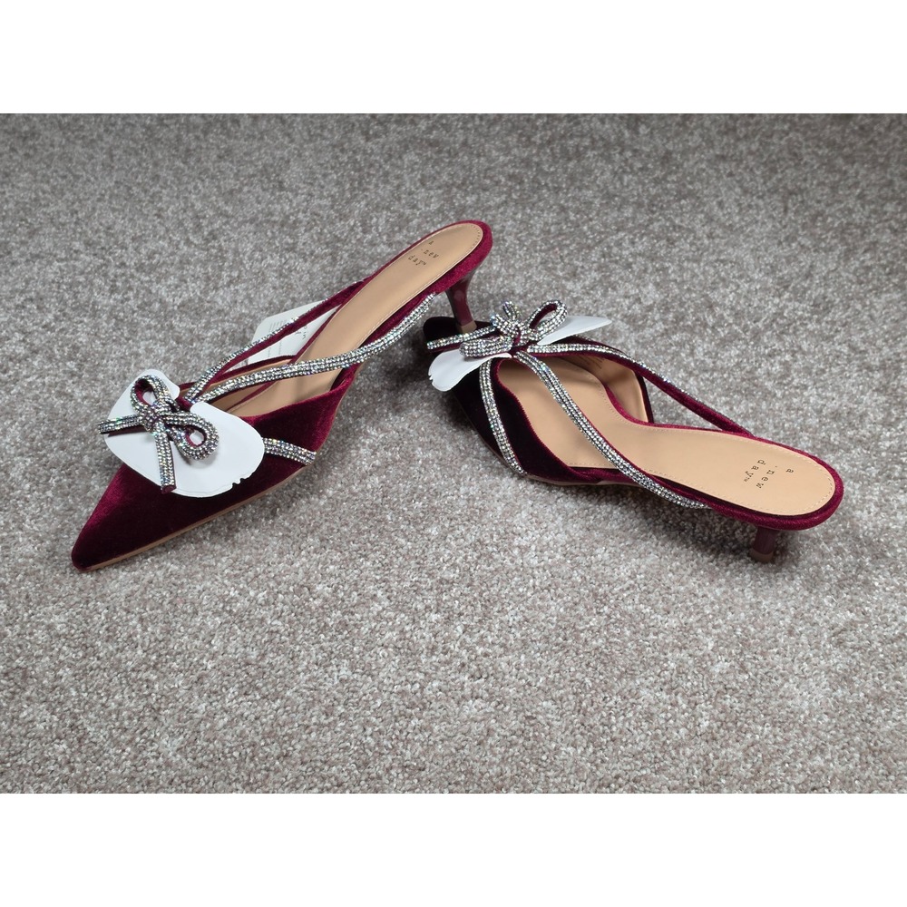 A New Day Burgundy Velvet Rhinestone Bow Kitten Heel Mules Gwen Pointed Toe 9.5 - Picture 4 of 6